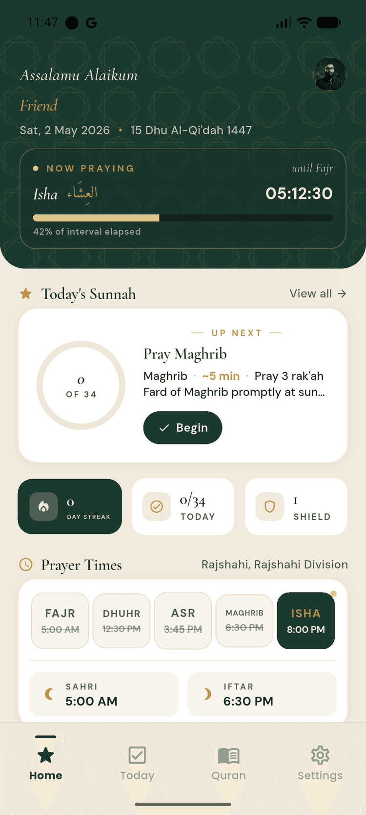 Iqtidah Home — prayer times and today's sunnah block